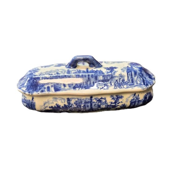 VTG Victoria Ware Flow Blue Ironstone Trinket Tray Lid 3 Compartments Shabby - Picture 1 of 9